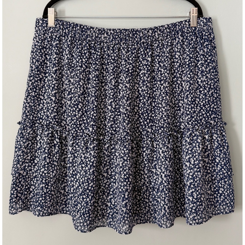 J.Crew Ditsy Floral Tiered Mini Skirt Elastic Waist XL Navy Blue White Spring - Picture 5 of 7